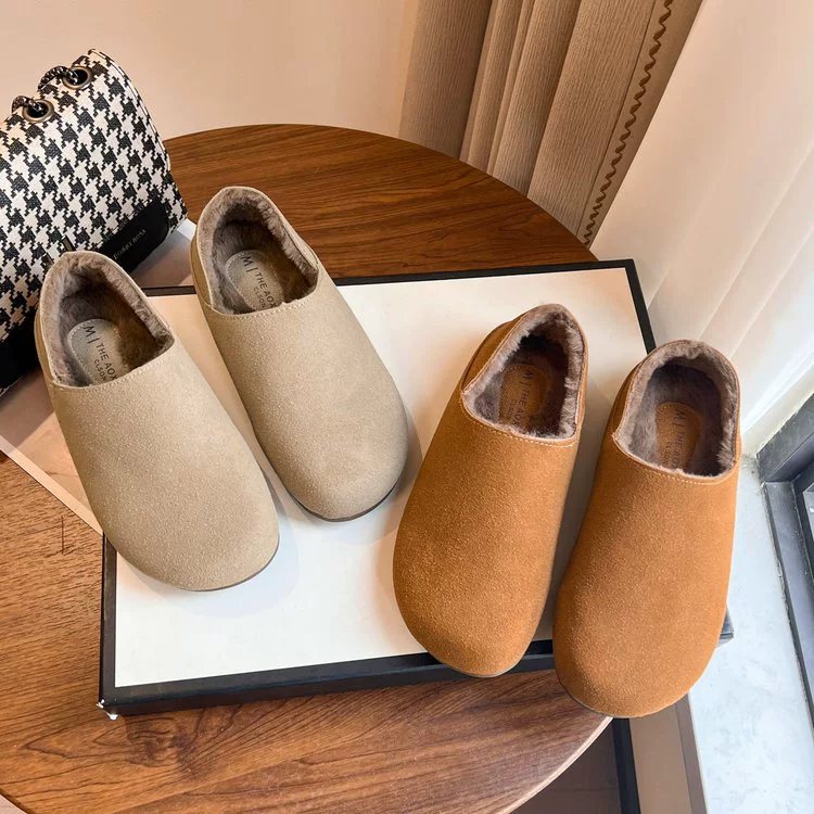 Ретро обувь Birkenstock для женщин 2024 зима новый стиль слепон плоская подошва внутренний подъем плюс бархат теплая повседневная обувь из хлопка