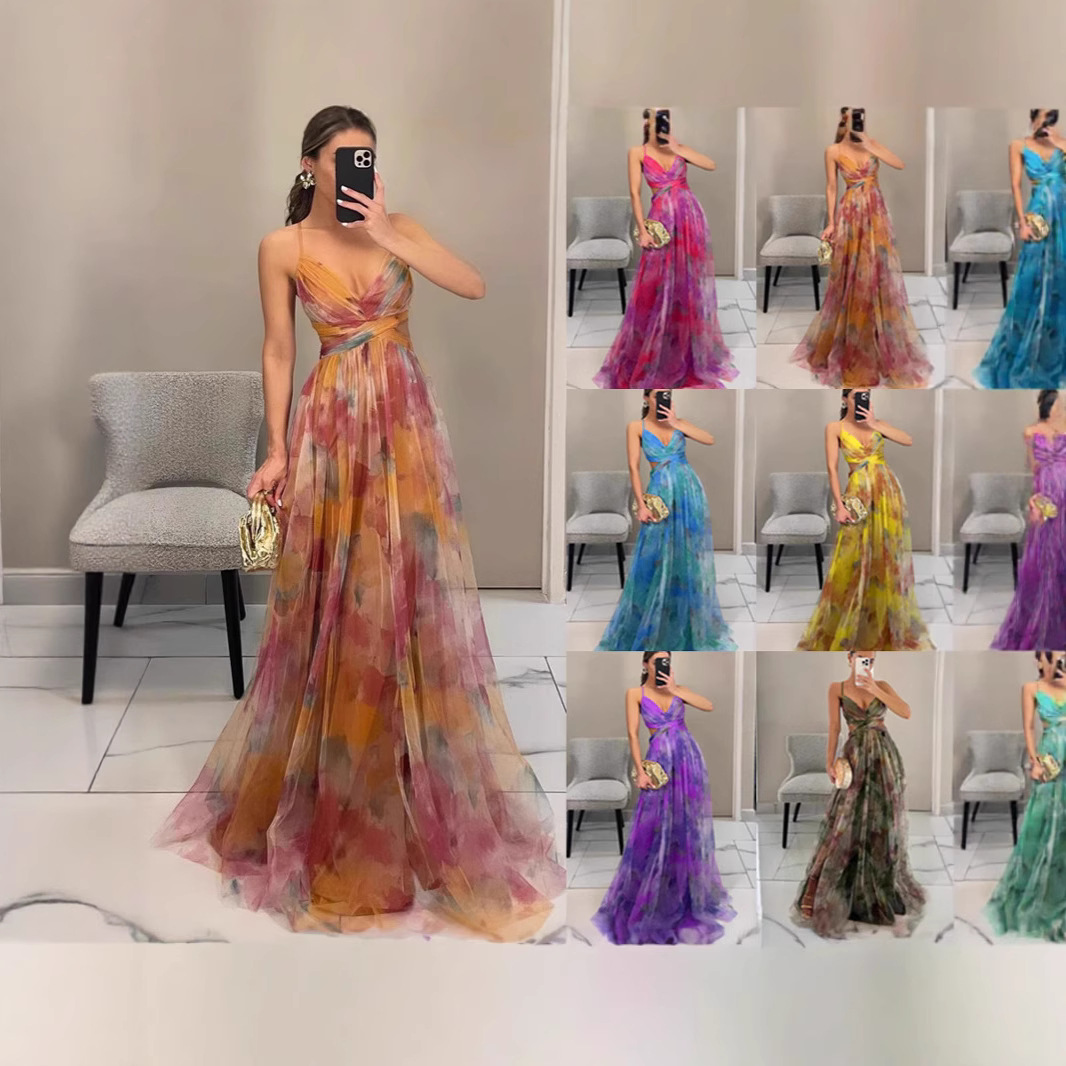 Cross-Border 2026 European and American Spring/Summer New Mesh Printed Strap Dress Ins Vacation Casual Party Dress