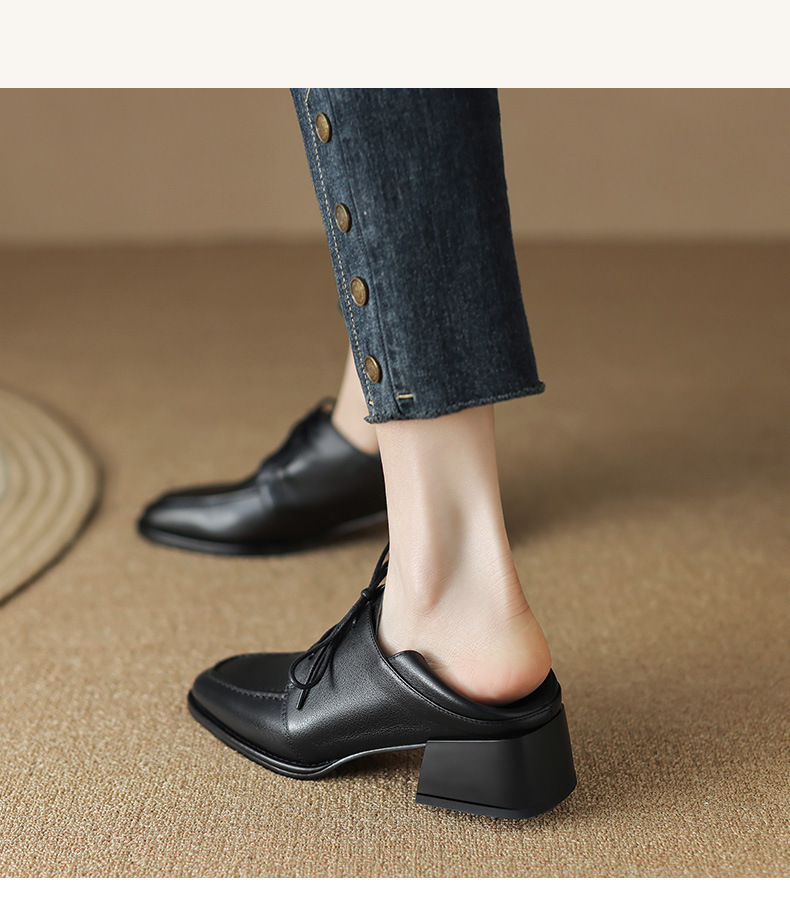 Giày da nữ gót vuông miệng sâu phong cách cổ điển dây buộc — Màu đen chi tiết 6