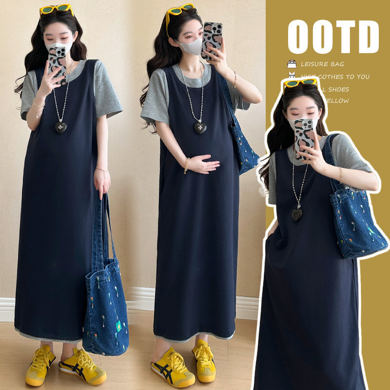 Maternity Dress Summer New Style Korean Version Plus Size Maternity Wear Loose Patchwork Dress Summer Short-Sleeve Faux Two-Piece T-Shirt Maternity Dress Summer New Style Korean Version Plus Size Maternity Wear Loose Patchwork Dress Summer Short-Sleeve Faux Two-Piece T-Shirt