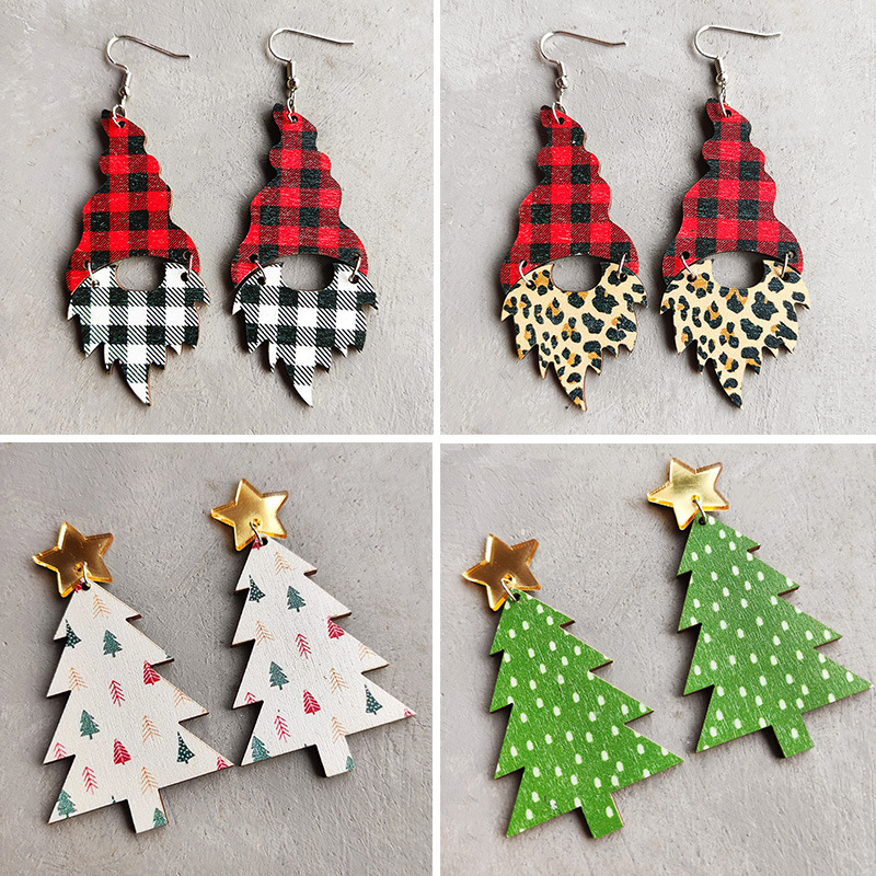 Retro Christmas Tree Plaid Leopard Wood Women's Drop Earrings 1 Pair display picture 5