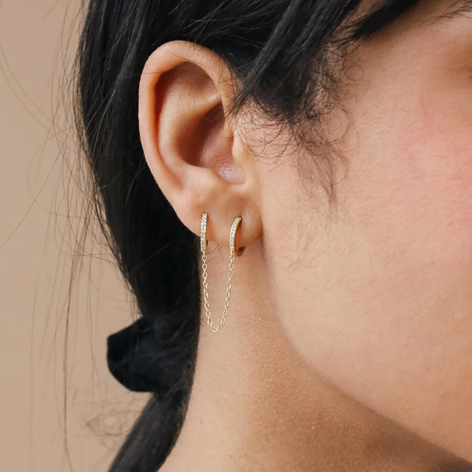 Personalised Tassel Chain Drop Earrings With Zircon Double Hoop_voghion.com