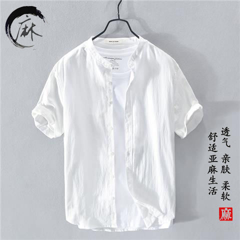 Camisa de manga corta de algodón y lino con cuello alto, ropa superior de lino de verano para hombres, camisa de lino de cuello redondo casual blanco para hombres