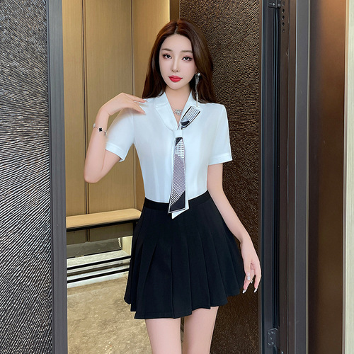 Summer College Style Fitted Slimming White Short Sleeve Foot Massage Therapist Work Uniform Shirt for Women + Pleated Skirt 102