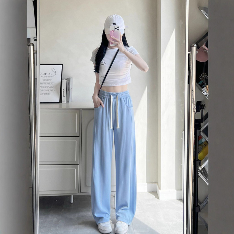 学生抽绳运动裤女早秋新款高腰垂感直筒香蕉裤宽松休闲阔腿长裤子|undefined