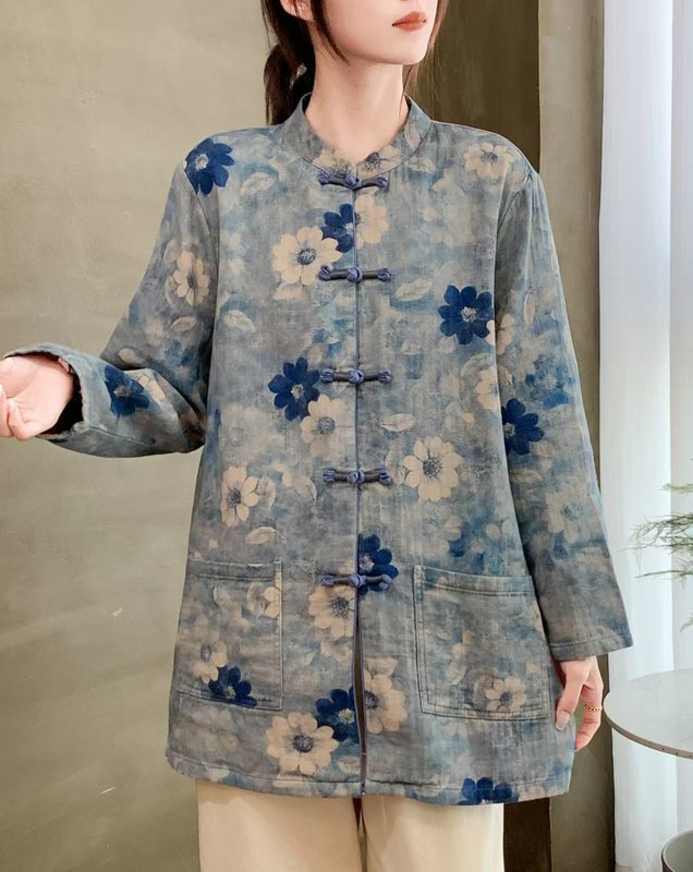 数码印花中长款斜纹棉外套女2025新款盘扣开衫宽松百搭长袖茶服女|undefined