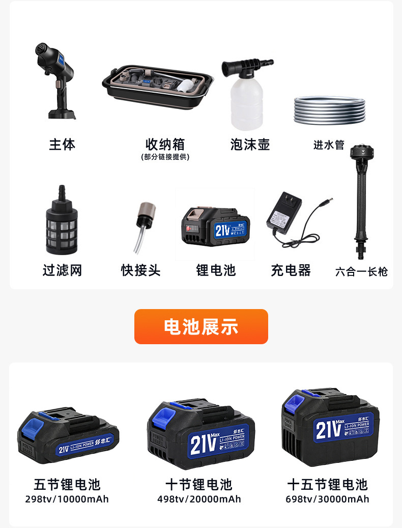 Foldable High-Pressure Car Wash Water Gun Lithium Battery Car Wash Machine Foam Pot Portable Water Tank New Wireless Water Gun Tool
