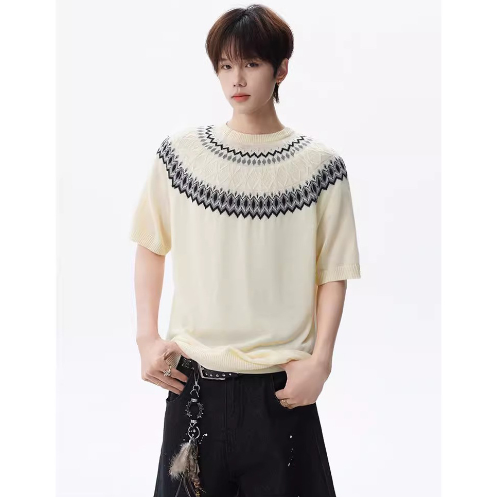 Isla de Fair camiseta de punto de manga corta camiseta de cuello redondo jacquard hombre viejo estilo casual hielo de verano fábrica transfronteriza mayorista