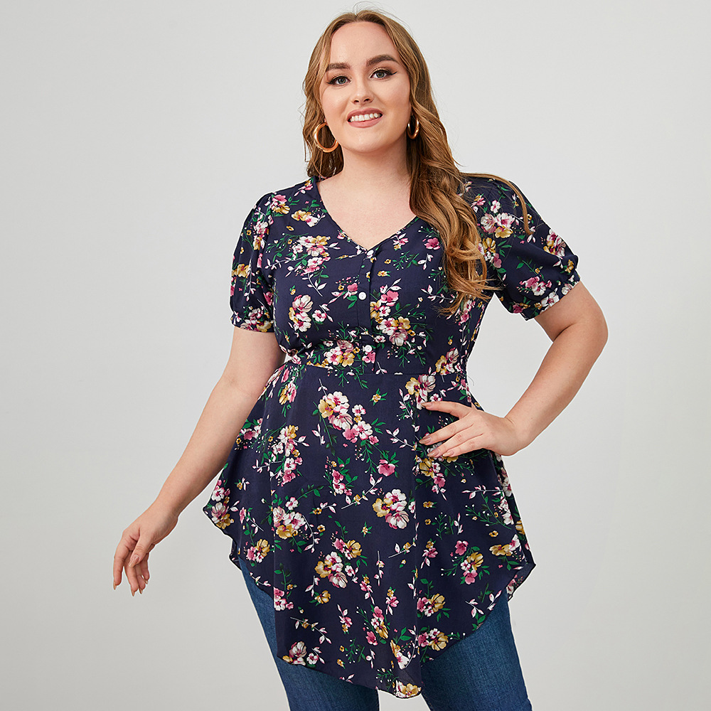 Plus Size Mid-Length V-Neck Short Sleeve Flower Print Top NSWCJ112800