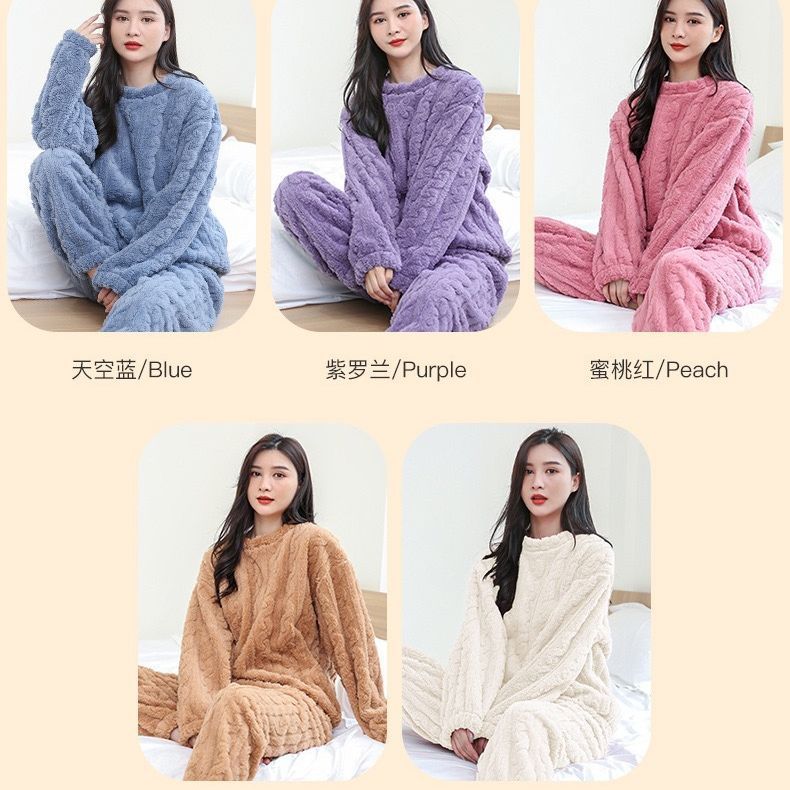 保暖纯色法兰绒舒棉绒家居服女提花新款睡衣套装长袖加厚冬情侣款|undefined