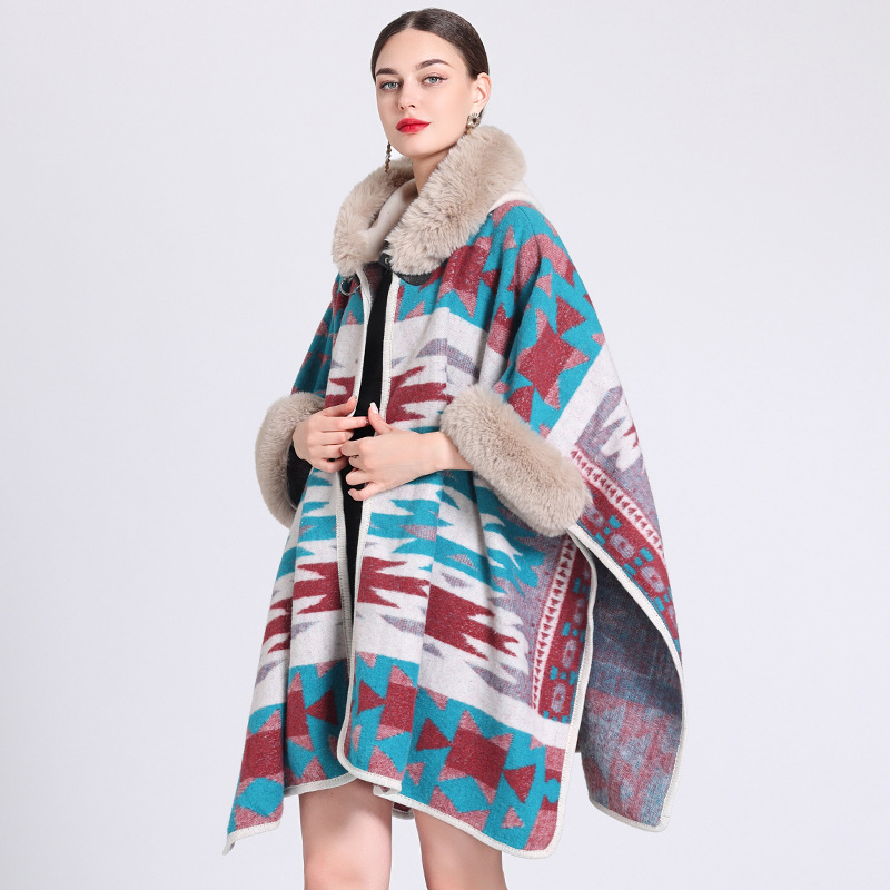 Fur collar hooded cape cape loose jacquard cardigan plus-size woolen coat_voghion.com