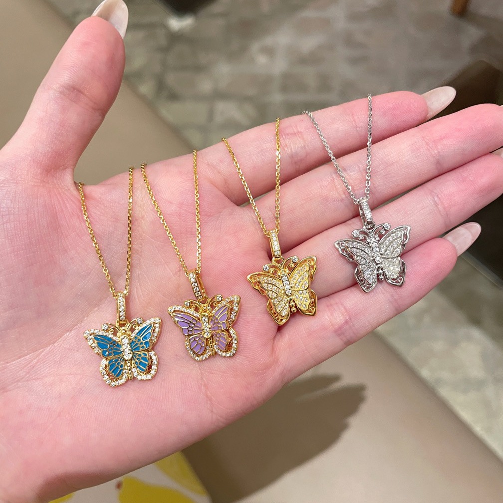 Ciondolo a forma di farfalla in argento sterling S oro antico, smalto viola blu, fatto a mano, seta intarsiata con diamanti, catena per clavicola_voghion.com