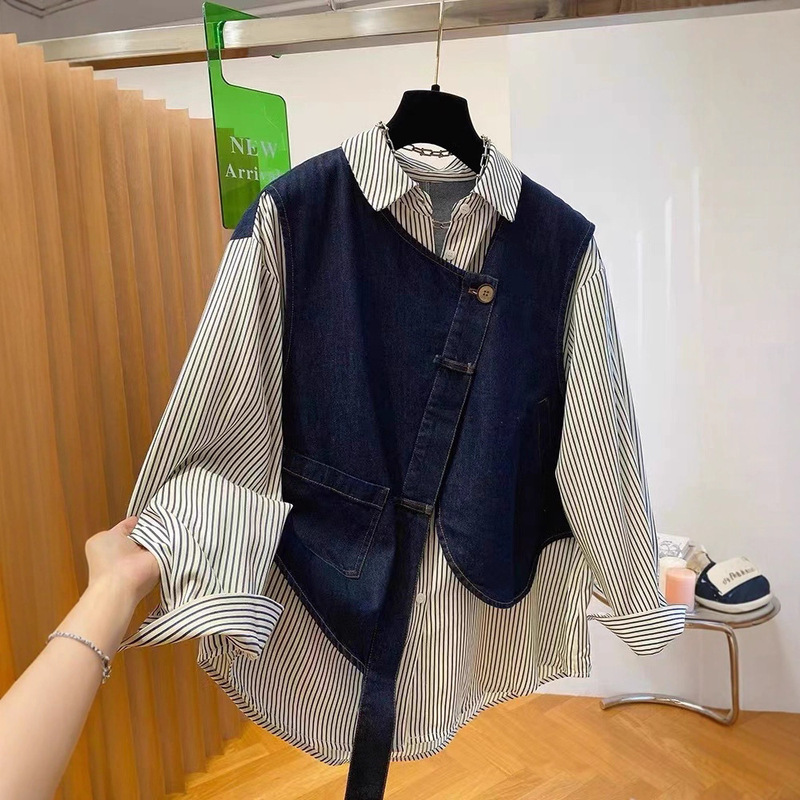 Plus Size 120kg European Style Denim Patchwork Striped Shirt T-Shirt Women's Spring and Autumn Loose Design Faux Two-Piece Top Plus Size 120kg European Style Denim Patchwork Striped Shirt T-Shirt Women's Spring and Autumn Loose Design Faux Two-Piece Top