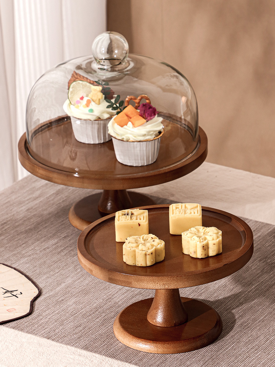 高脚蛋糕托盘带盖新中式茶点盘水果托盘木质感甜品摆台展示架