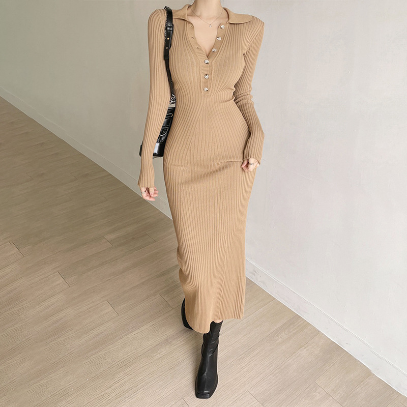 Autumn classic retro fitted solid long knitted dress