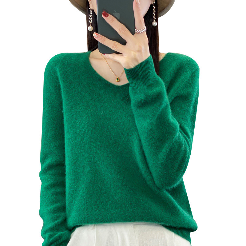 퍼스트 라인 의류 퓨어 울 스웨터 2024 가을과 겨울 여성의 V-NECK 루즈 짧은 솔리드 컬러 캐시미어베이스 스웨터 니트 스웨터