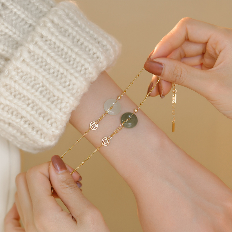 Copper Imitation Hetian Jade Bracelet Lucky New Chinese Style Court Style Elegant Emerald Jasper Buckle Bracelet