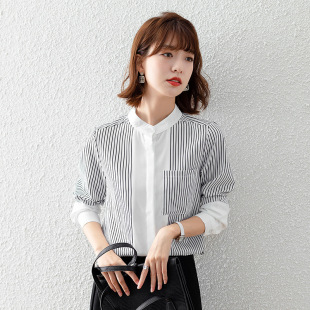 2023 Autumn New loose striped slimming stand collar chiffon shirt long sleeve all-matching top