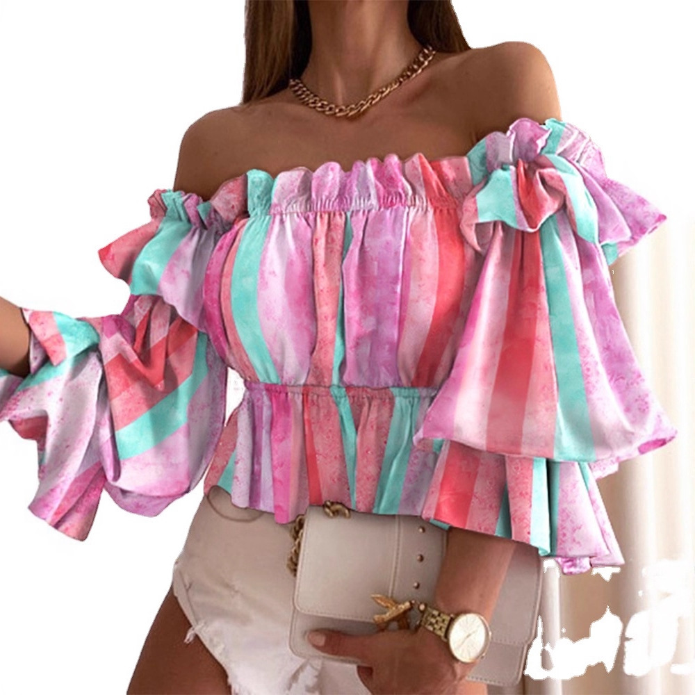 Camisa plisada de un solo hombro de nueva moda europea y americana para mujer, versátil, moderna, antiarrugas, de manga corta, diseño de hombros descubiertos de estilo americano