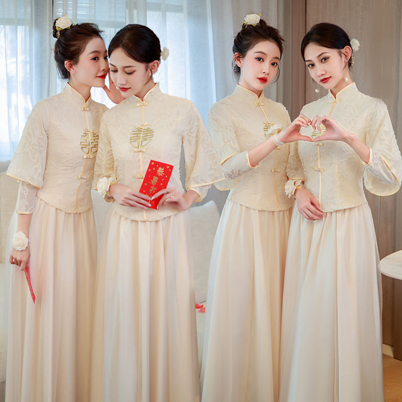 新中式伴娘服中式姐妹团宴会礼服女长款复古风闺蜜伴娘裙一件代销