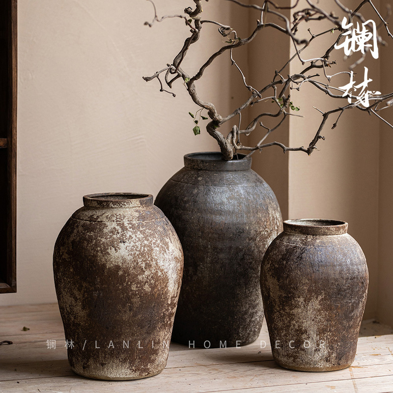 Handmade Coarse Pottery Vase Jingdezhen Old Imitation Unearthed Pottery Retro Style Tea Room Zen Floor-Standing Old Pottery D&