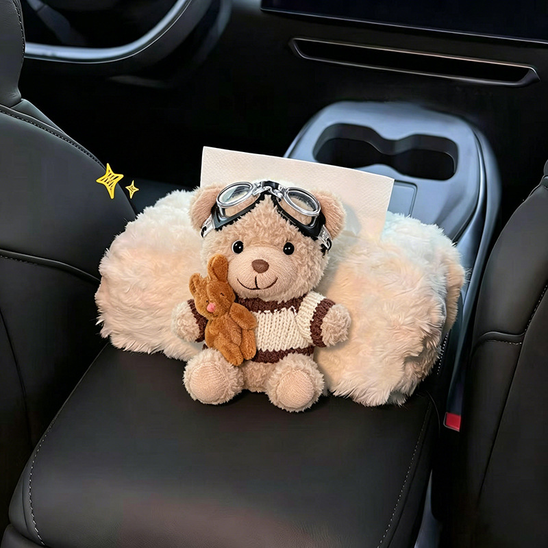 Bear-shaped car tissue box, armrest box tissue holder, creative car decoration, plush toy, interior car accessory for women with a high-end feel