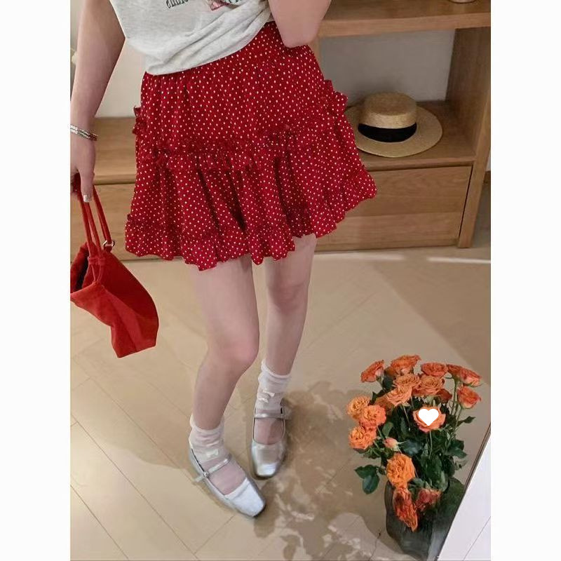 2025 New Summer Style Retro Polka Dot Ruffled Slim Skirt High Waist Sweet Elastic Waist Fluffy A-Line Skirt