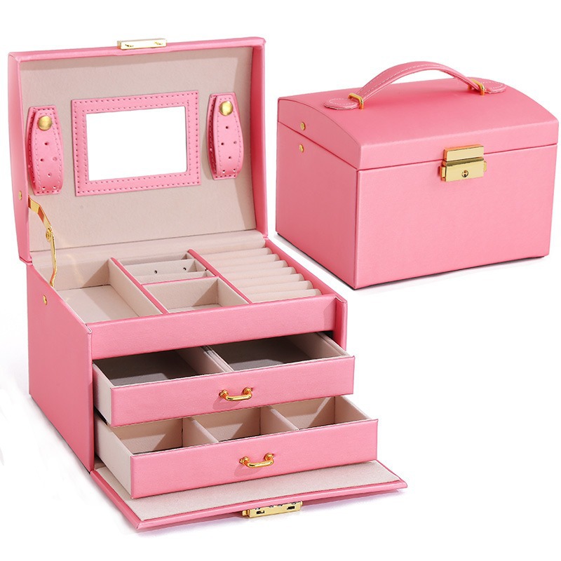 Tres capas transfronterizas pu caja de joyería de cuero doble cajón caja de joyería princesa caja de joyería al por mayor