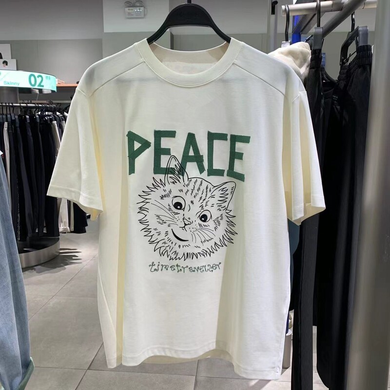 Original Design 2024 Spring and Summer Men's Cat Embroidery Loose-Fitting Couple Style Street Fashion Beige Casual Short-Sleeved T-Shirt