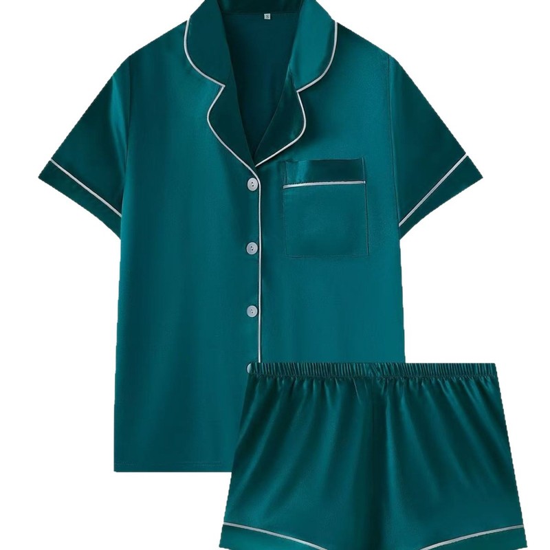 跨境外贸Nightwear简约气质百搭女舒适短袖衬衫家居服短裤套装|undefined