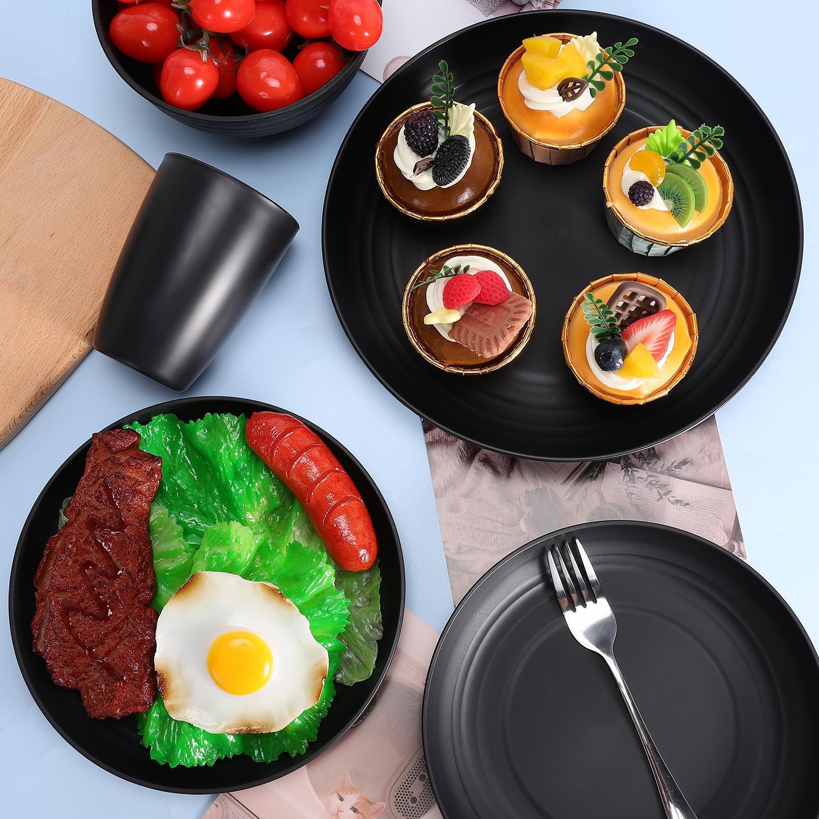 Amazon plato de comida negro tazón de sopa taza cuchillo tenedor cuchara vajilla juego de paja de trigo juego de regalo de campamento al por mayor