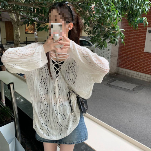 Hollow Strap Knit Sweater for Women - Spring/Summer 2025, Loose Fit White Long-Sleeve Design-Oriented Unique Top