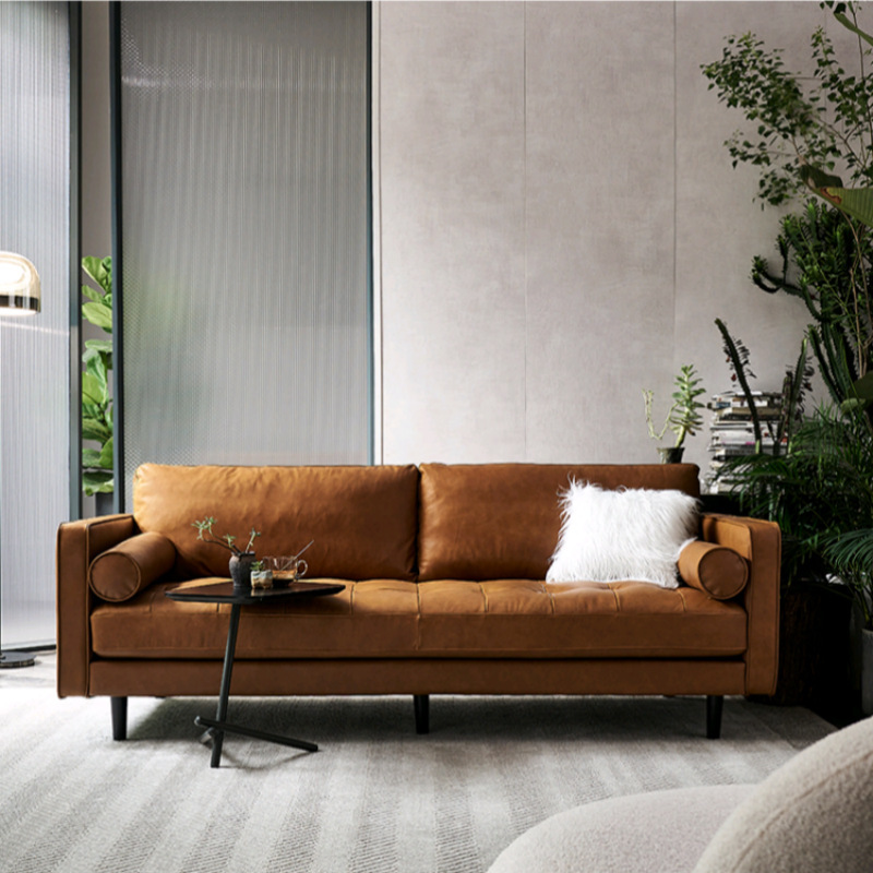 Retro Oil Wax Full Genuine Leather Sofa First Layer Cowhide Straight Row Three-Seater Nordic Simple Style Living Room Fully Furnished Furniture