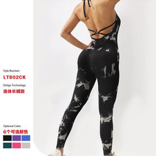 跨境扎染无缝螺纹瑜伽服连体衣女运动健身收腰高弹性感速干连体裤