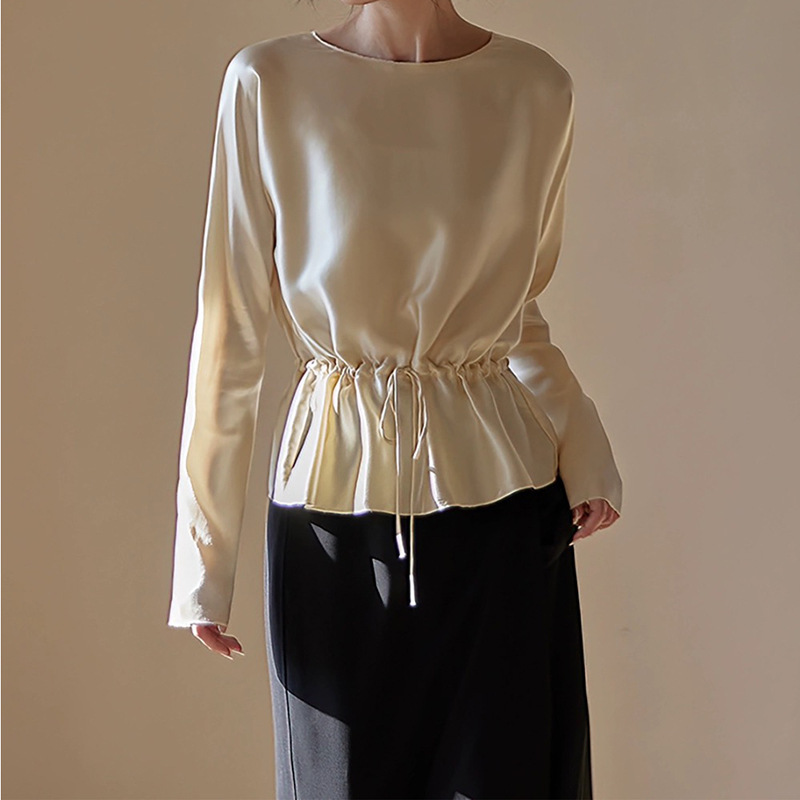 Directly Approved by the Manufacturer, New 22mm Silk | Loose Waist Drawstring Mulberry Silk Top Long-Sleeved Shirt