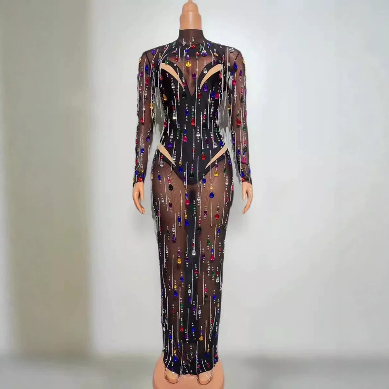 Cross-border sexy mesh perspective colored diamond dress European and American female singer gogo costume birthday party evening dress Cross-border sexy mesh perspective colored diamond dress European and American female singer gogo costume birthday party evening dress