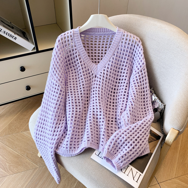 Early Autumn Lazy Style Cut Out Pullover Loose Women's Sweater 2025 Korean New Fashion V Neck Knitted Fishnet Blouse Trendy