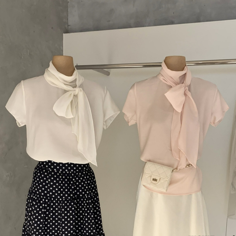 Wgwe8954 Spring and Summer Elegant Commuter Style Short-Sleeved Shirt with Bow Tie for Women, Versatile Slim Fit and Sweet Top