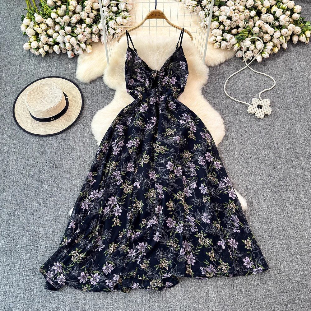 Colorful Floral V-Neck Strap For Women Summer Bohemian Niche Beach Vacation Style A-Line Long Dress_ecoleips.com