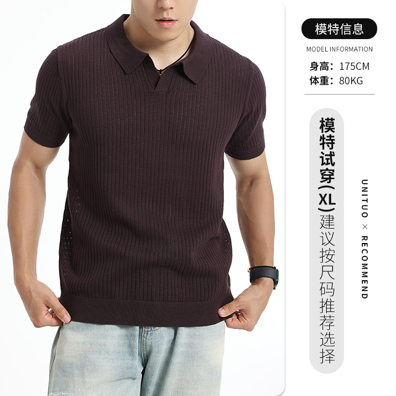 Europa y los Estados Unidos transfronterizos hombres de verano V-collar agujero hielo tejido polo camiseta alta sensación delgada con solapa transpirable mangas cortas