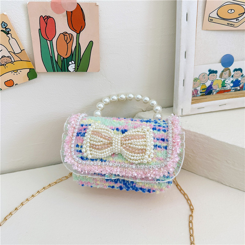 Colorido lentejuelas de los niños bolsa arco accesorios princesa estilo occidental perla bolso coreano mini cadena mensajero bolsa