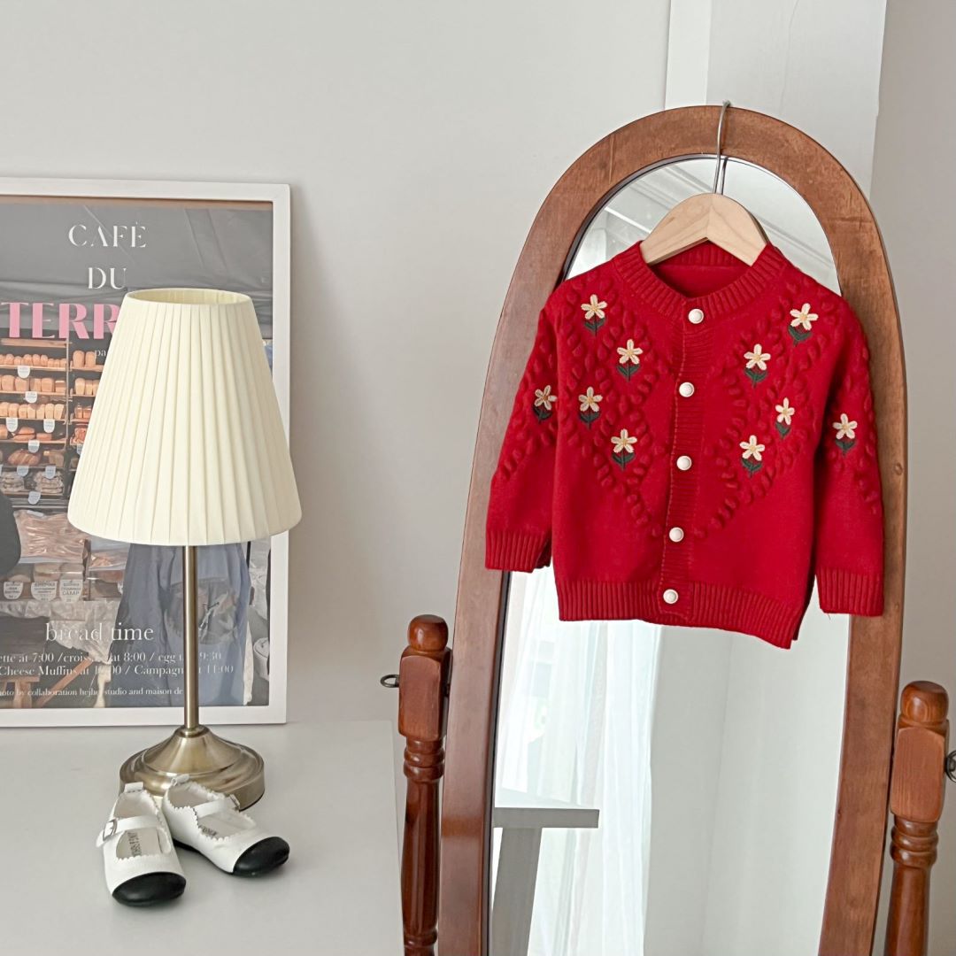 JINYONG Kinderpullover Neue koreanische Ausgabe Western Sweet bestickte Blume 3D Ball Strickmantel für Mädchen_voghion.com