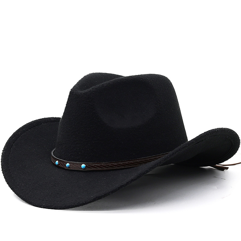 Cappello unisex semplice deformato cappello jazz in lana cappello a cilindro blu turchese cintura tinta unita cappello da cowboy western_voghion.com