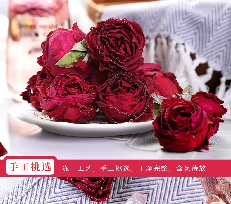 Yunnan Freeze Dried Dark Red Rose Flower Tea Dried Rose Buds One Bloom Per Cup 100g specifications