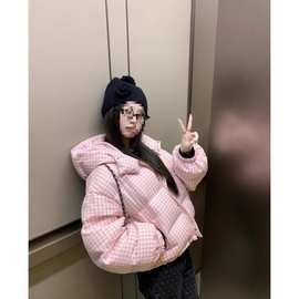 冬季羽绒棉服女新款韩系粉色格子宽松小个子短款连帽面包服外套