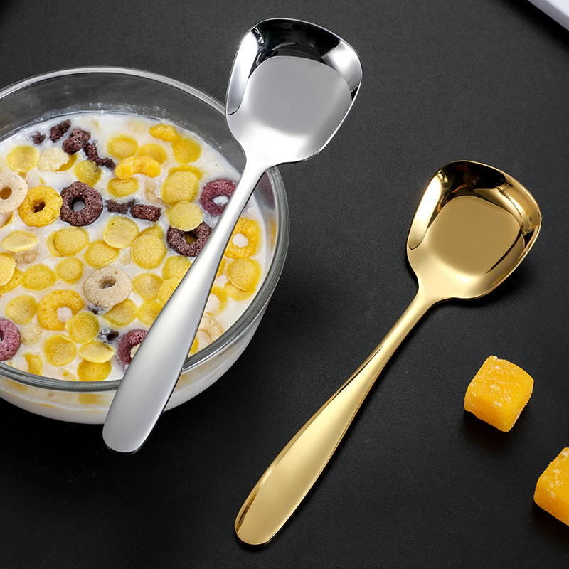Cuchara plana de acero inoxidable 304 para comer y beber sopa cuchara cuadrada mango largo sopa cuchara espesa lingote pequeña cuchara al por mayor