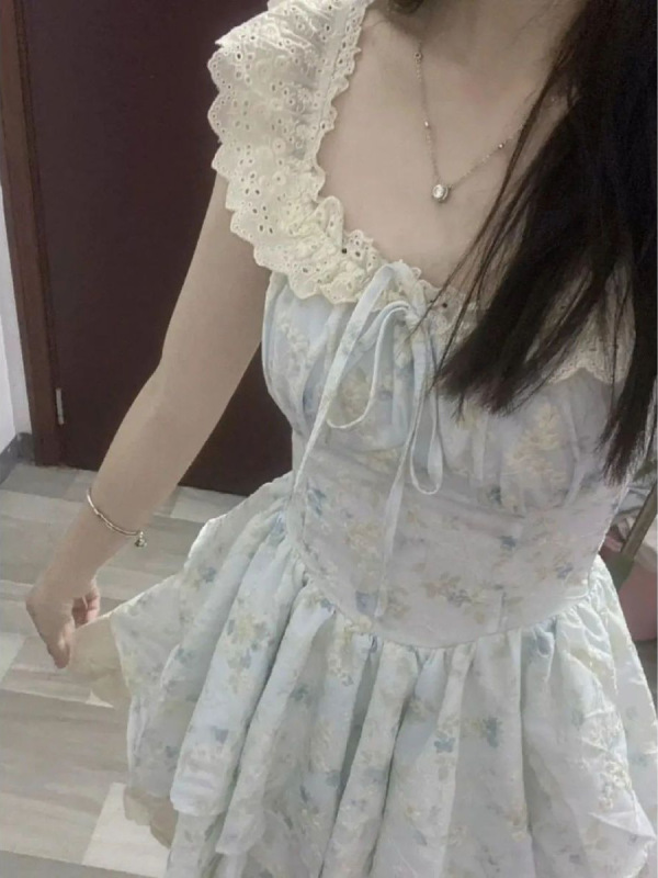 樱织花翎温柔碎花连衣裙女夏季甜美小飞袖公主蛋糕裙收腰蓬蓬裙子|undefined