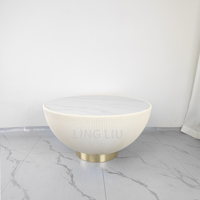 Mesa de centro de sala de estar moderna de lujo ligero nórdico, tamaño de apartamento pequeño doméstico, placa de roca redonda en forma de cuenco, mesa de centro pequeña redonda, estilo crema
