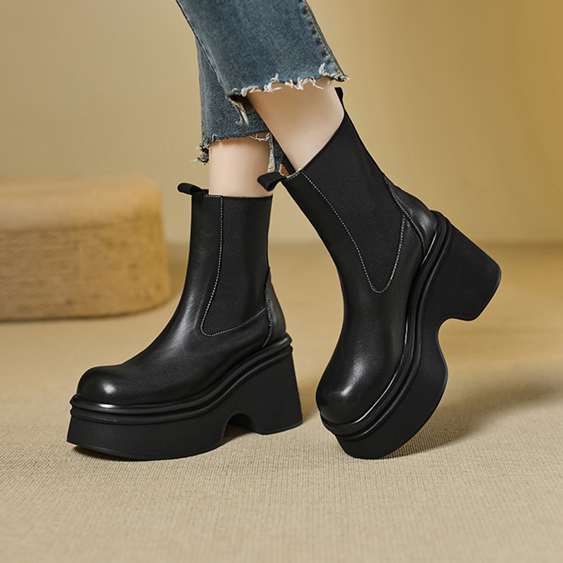 Boot Chelsea nữ da bò mũi tròn đế nêm siêu cao gót cổ ngắn mùa thu đông — Lớp lót nhung đen, đen, Lớp lót nhung màu nâu, nâu