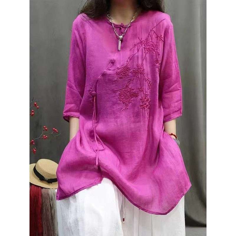 New Chinese-Style Heavy Embroidery Cotton and Linen Mid-Sleeve Pullover Top for Women, Spring and Summer New National Style Retro Mid-Length Shirt New Chinese-Style Heavy Embroidery Cotton and Linen Mid-Sleeve Pullover Top for Women, Spring and Summer New National Style Retro Mid-Length Shirt
